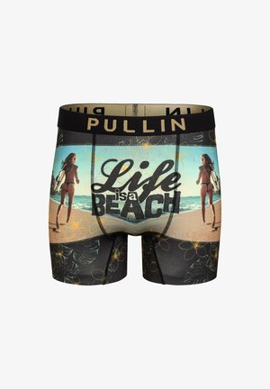 Boxers noirs pour hommes avec un imprimé de scène de plage et le texte "La vie est une plage". Fabriqués en tissu doux avec une taille élastique.
