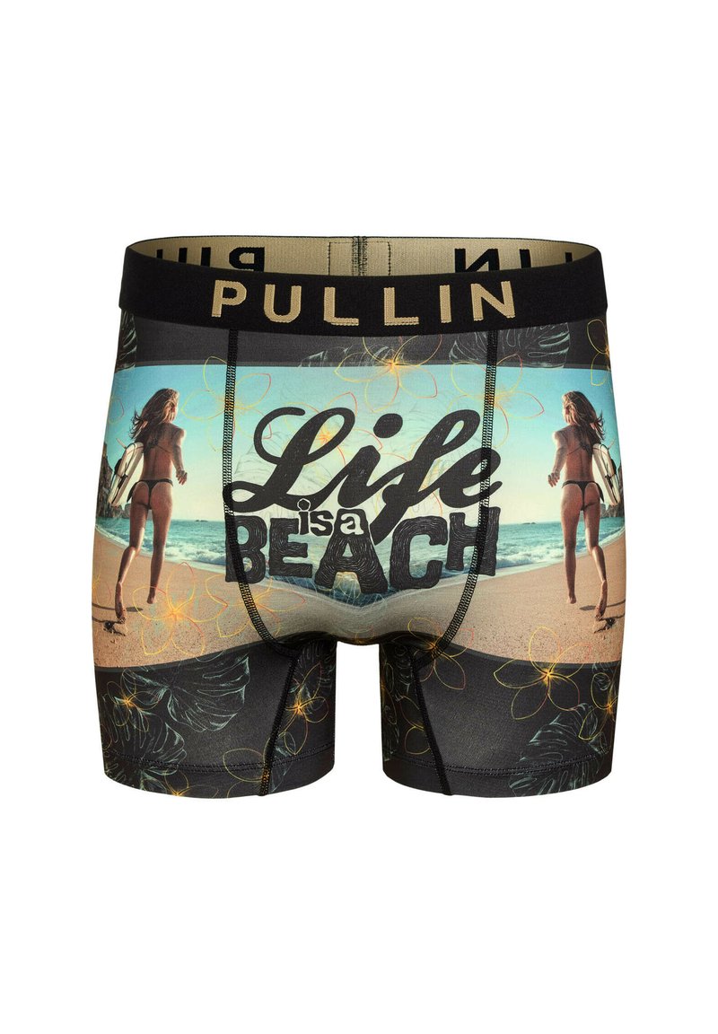 Boxers noirs pour hommes avec un imprimé de scène de plage et le texte "La vie est une plage". Fabriqués en tissu doux avec une taille élastique.