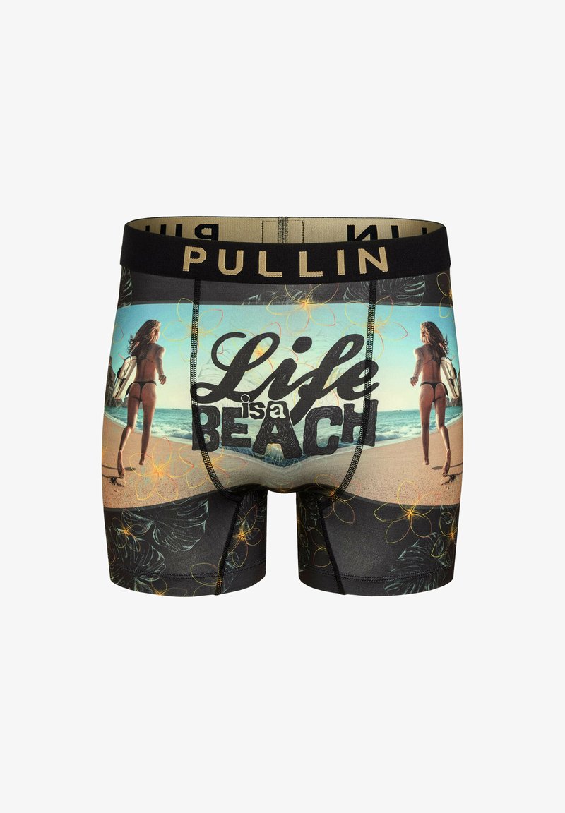 Boxers noirs pour hommes avec un imprimé de scène de plage et le texte "La vie est une plage". Fabriqués en tissu doux avec une taille élastique.