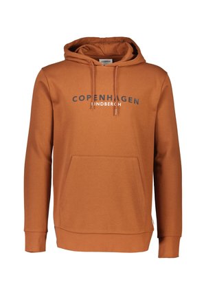 Orange hoodie with a front pocket, drawstring hood, and "COPENHAGEN" in dark lettering across the chest. Soft, smooth texture.