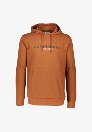 Oranges Hoodie mit einer Fronttasche, Kapuze mit Kordelzug und "KOPENHAGEN" in dunkler Schrift über der Brust. Weiche, glatte Textur.