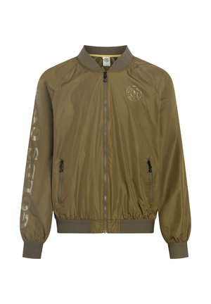 Helle olivgrüne Bomberjacke mit Front-Reißverschluss, seitlichen Reißverschlusstaschen, elastischen Bündchen und Saum sowie dezentem Logo auf der Brust und am linken Ärmel.