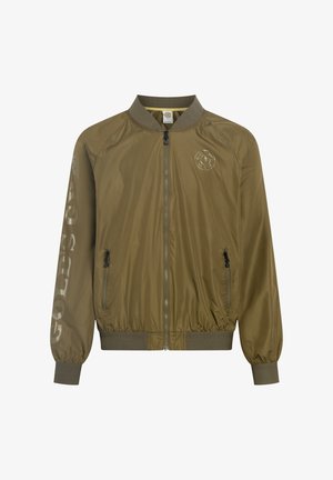 Helle olivgrüne Bomberjacke mit Front-Reißverschluss, seitlichen Reißverschlusstaschen, elastischen Bündchen und Saum sowie dezentem Logo auf der Brust und am linken Ärmel.