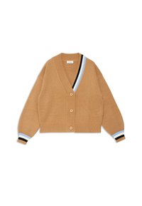 Brauner Cardigan mit V-Ausschnitt, gerippter Textur und fünf Knöpfen. Verfügt über gestreifte Akzente in Schwarz, Blau und Weiß an den Bündchen.