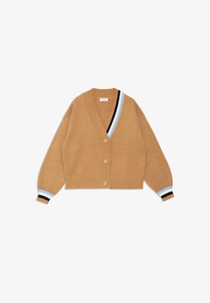 Cardigan marrone con scollatura a V, texture a coste e cinque bottoni. Presenta accenti a righe in nero, blu e bianco sui polsini.