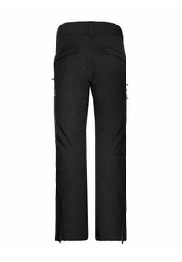 Zwarte broek met ritszakken aan de zijkanten, elastische tailleband en verstevigde stiksels. Materiaal is glad en lichtgewicht, ontworpen voor functionaliteit.