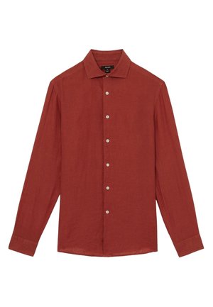 Camicia a maniche lunghe rosso ruggine con bottoni, collo classico e orlo dritto.