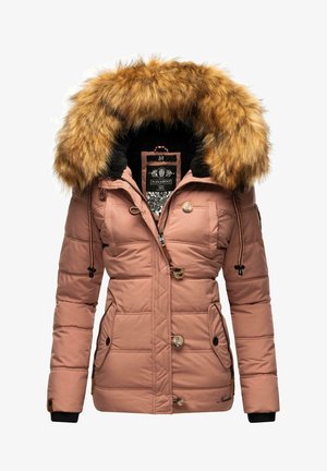 Lyserød polstret jakke med en aftagelig faux fur hætte, prydet med brune accenter, lynlåslukning og knapdetaljer. Strukturert quiltet design.