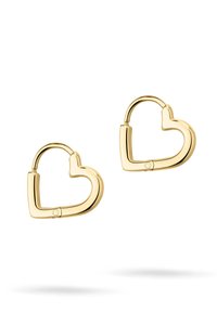Goldfarbene herzförmige Creolen mit glatter Oberfläche und einem markanten Ausschnittdesign. Verfügt über einen sicheren Verschlussmechanismus.