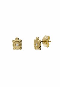 Gold turtle-shaped stud earrings with a central clear stone and textured detailing on the shell. Fixed post backing for secure wear.