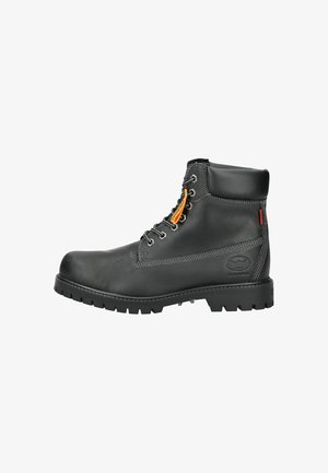 Stivale in pelle nera alla caviglia con punta tonda, design con lacci, suola robusta, dettagli di cucitura e logo sul lato. Costruzione resistente e robusta.