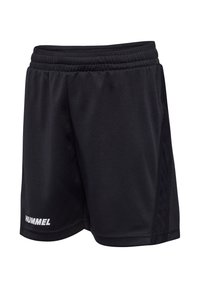 Zwarte sportshorts met elastische tailleband, zijnaden en wit "HUMMEL"-logo op de zoom van het linkerbeen.