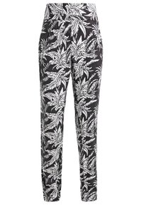 Zwart-witte bloemenbroek met een bladdessin, elastische tailleband en een relaxte pasvorm. Gemaakt van lichtgewicht stof voor comfort.
