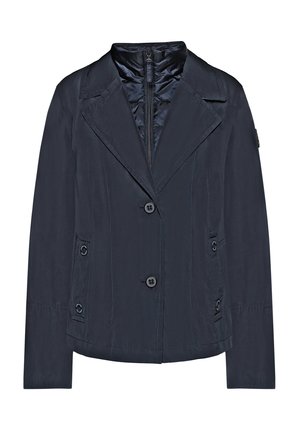 Veste pour femme bleu marine avec deux boutons frontaux, larges revers, doublure intérieure zippée et poches latérales à boutons, présentée sur fond blanc.
