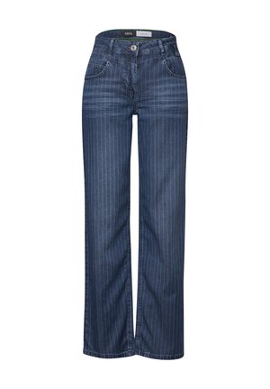 Leveled denim-housut tummansinisinä, joissa on pystysuorat valkoiset raidat. Niissä on nappikaulus, etutaskut ja klassinen 5-taskuinen muotoilu.