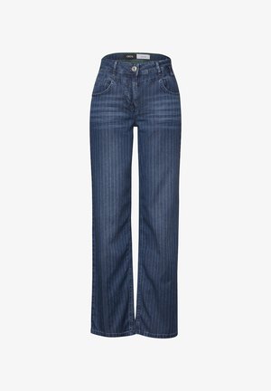 Pantalons en denim à jambes larges de couleur bleu foncé avec des rayures blanches verticales, dotés d'une fermeture à bouton, de poches avant et d'un design classique à 5 poches.