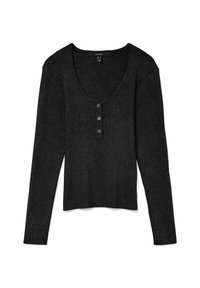 Maglietta nera a maniche lunghe in maglia a coste con scollatura a barca e tre bottoni sulla patta anteriore.