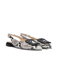Flat slingback shoes featuring a snakeskin pattern in black and white, accented with a large black buckle on the toe.