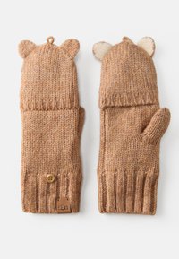 Mittens castanhos tricotados com orelhas de urso, punhos canelados e detalhes em bege. Apresenta um detalhe em botão e uma etiqueta de couro no pulso.