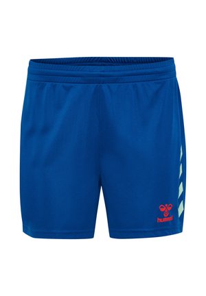 Blue athletic shorts featuring a lightweight fabric, elastic waistband, and contrasting light blue side chevron pattern with red logo detail.