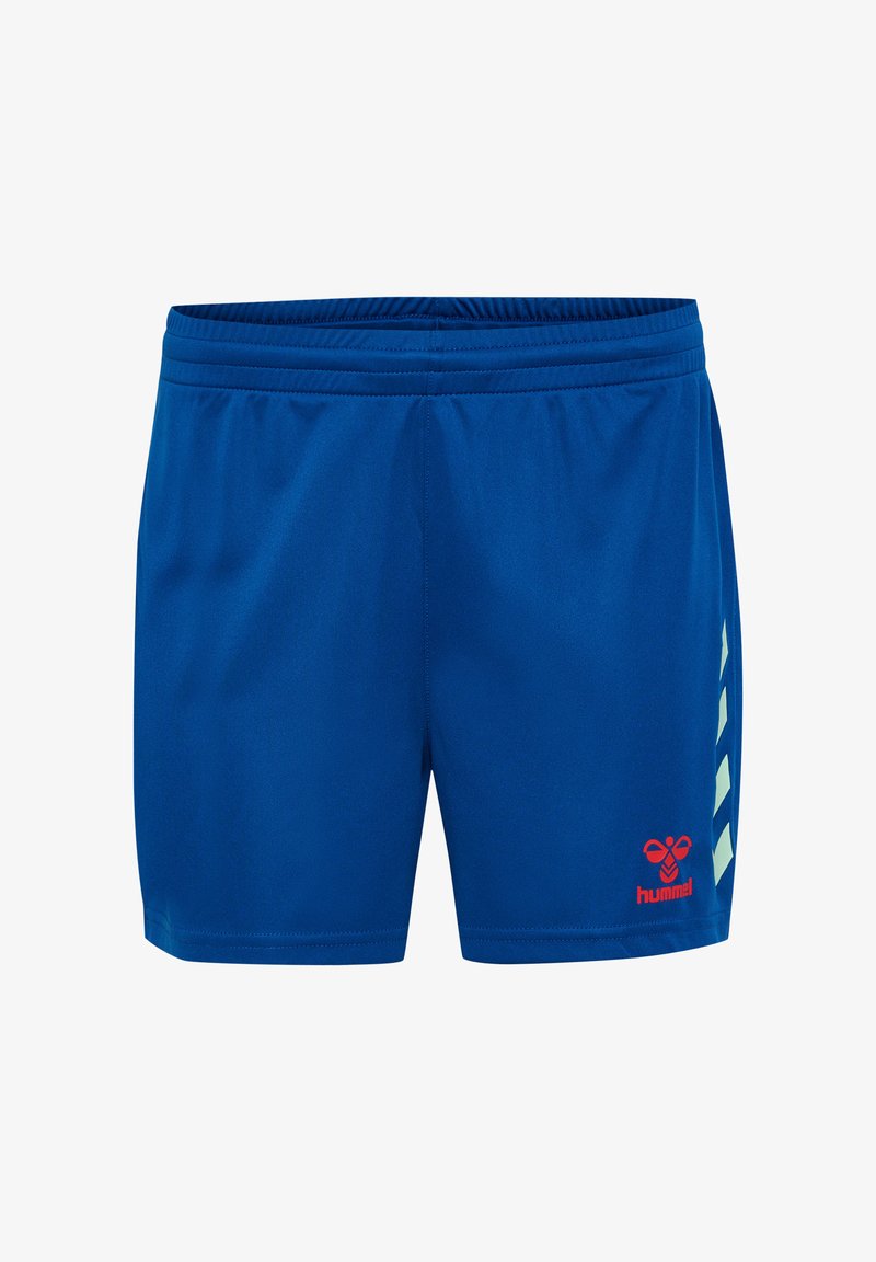 Blå idrottsshorts med lättviktig tyg, elastisk midja och kontrasterande ljusblå sidogan med röd logodetalj.