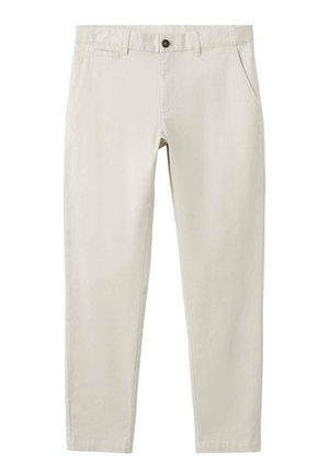 Beige, schlank geschnittene Hose mit vorderen Taschen, einer kleinen Münztasche, Gürtelschlaufen sowie einem vorderen Knopf- und Reißverschluss.