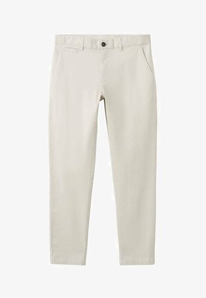 Beige, schlank geschnittene Hose mit vorderen Taschen, einer kleinen Münztasche, Gürtelschlaufen sowie einem vorderen Knopf- und Reißverschluss.