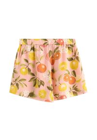 Shorts realizzati in tessuto leggero con uno sfondo rosa e un motivo di frutta, tra cui arance, limoni e foglie verdi. Vita elasticizzata.