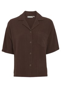 Chemise marron à manches courtes en tissu léger, dotée d'un col, de cinq boutons et d'une poche sur la poitrine gauche. Texture lisse avec des détails minimaux.