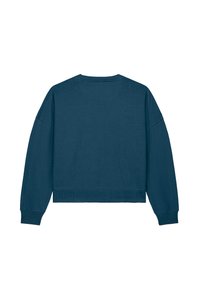 Donker teal cropped sweatshirt met lange mouwen, ribgebreide zoom en textuurstof. Heeft een ronde halslijn en verlaagde schoudernaden.