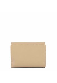 Portefeuille en cuir beige avec une texture lisse, de forme rectangulaire compacte, et des coutures soignées. Pas de matériel visible ; design simple.