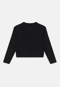 Svart langermet crop topp laget av glatt stoff, med høy hals, rene sømmer og ingen synlige logoer eller mønstre på baksiden.