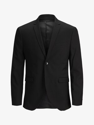 Sort jakkesæt jakke med enkelt knaplukning, slim fit, notch revers og to forlommer. Glat stof med et rent, formelt design.