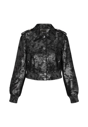 Geknipte zwarte jas van glanzende stof, met een knoopsluiting aan de voorkant, grote kraag en ribgebreide manchetten. Inclusief twee zijzakken.