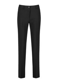 Schwarze Hose im Slim-Fit, aus glattem Stoff gefertigt. Verfügt über einen Knopfverschluss und Seitentaschen. Flache Vorderseite und taillierte Silhouette.