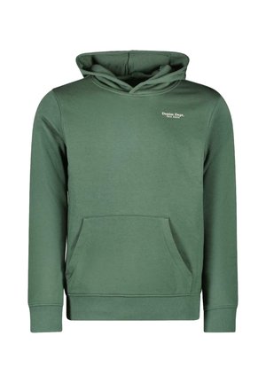 Groene hoodie met een buidelzak en een klein logo met de tekst "Denim Dept." op de borst. Eenvoudig, casual ontwerp.