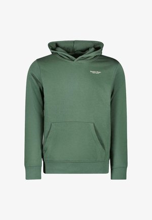 Groene hoodie met een buidelzak en een klein logo met de tekst "Denim Dept." op de borst. Eenvoudig, casual ontwerp.