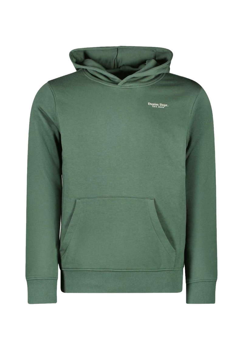Groene hoodie met een buidelzak en een klein logo met de tekst "Denim Dept." op de borst. Eenvoudig, casual ontwerp.