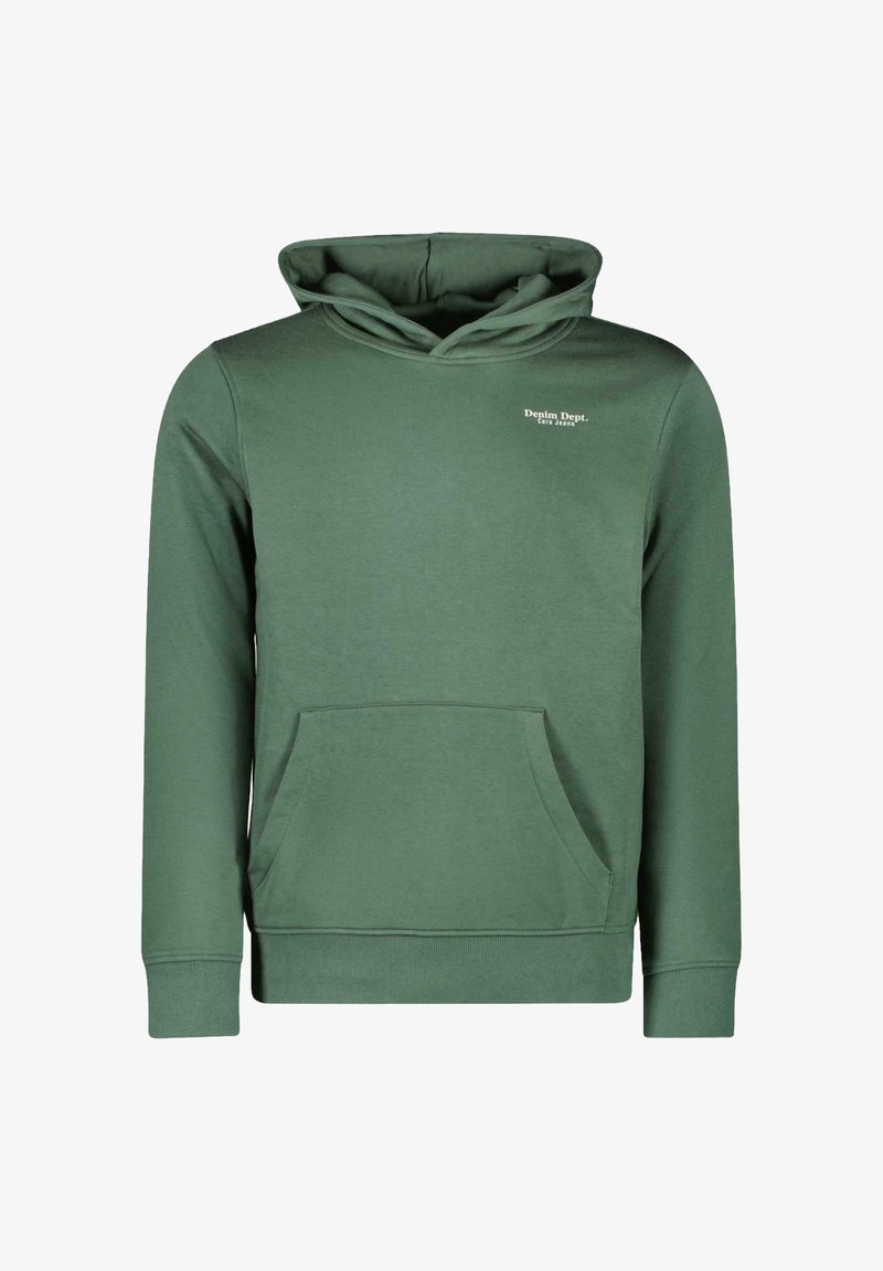 Groene hoodie met een buidelzak en een klein logo met de tekst "Denim Dept." op de borst. Eenvoudig, casual ontwerp.