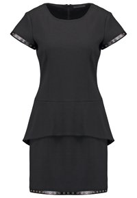 Musta peplum-mekko lyhyillä hihoilla, jossa on pyöreä pääntie, vetoketjukiinnitys takana ja silmukkakoristeet hihansuissa sekä helmassa.