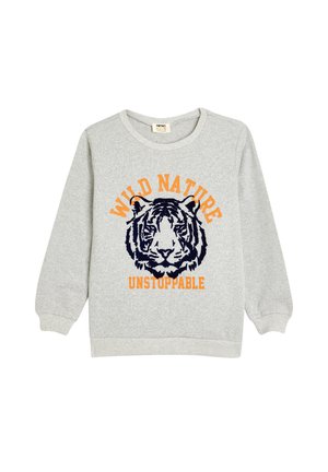 Felpa grigia con una grafica di una tigre e il testo "NATURA SELVAGGIA" e "INARRESTABILE" in arancione e blu navy. Collo a giro e polsini a coste.