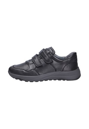 Sneaker in pelle nera con superficie strutturata, due cinturini regolabili in Velcro e suola spessa in gomma per comfort e supporto.