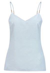 Světle modrý saténový top na ramínka s výstřihem do V, tenkými pásky a zlatými kovovými prvky. Hladká textura, rovný lem, minimalistický design.