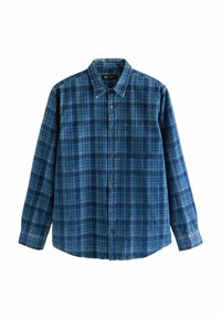 Blaue Karobluse aus weicher Baumwolle. Verfügt über einen Button-Down-Kragen, lange Ärmel und einen leicht abgerundeten Saum mit Knopfverschlüssen.