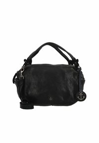 Borsa a mano in pelle nera con due manici, tracolla regolabile, emblema a forma di ancora in argento e superficie morbida e testurizzata. Forma compatta e rotonda.