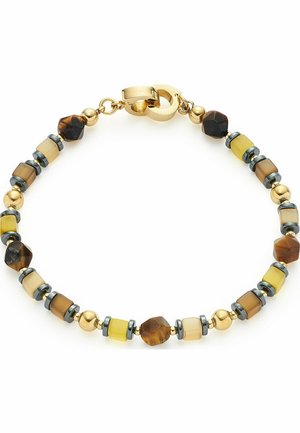 Armband met gouden sluiting, met afwisselend ronde gouden kralen, metalen ringen en facetgeslepen bruine, gele en beige geometrische kralen.