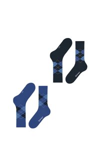 Ensemble de quatre chaussettes avec une palette de couleurs bleues, des motifs argyle et des variations de design. Les matériaux semblent être en tissu tricoté.