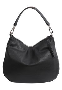 Sac à main en cuir noir avec une surface texturée, une forme arrondie et une seule bandoulière. Présente une fermeture éclair en métal argenté sur le dessus.