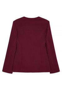 Burgundin takki, jossa on sileä pinta, pitkät hihat ja jämäkkä muotoilu; sisältää pyöreän kaula-aukon ja vartalonmyötäisen istuvuuden.