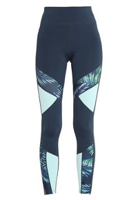 Leggings blu navy con pannelli geometrici azzurri e motivi di foglie tropicali, realizzati in materiale elasticizzato per una silhouette aderente.